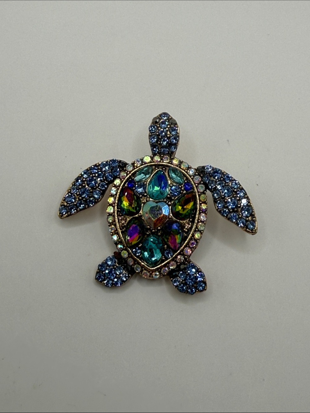Vintage Gold Tone Blue Rhinestone Turtle Small Statement Brooch Pin